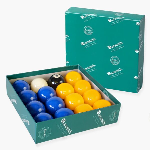 Aramith Premier Blue & Yellow 2″ Pool Balls + 1 7/8″ Cue Ball