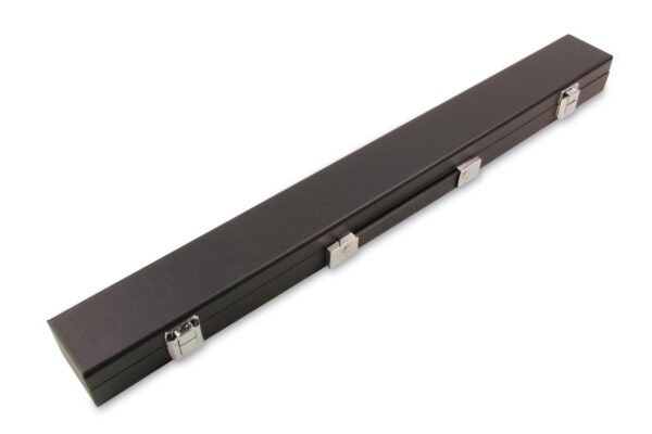 a black cue case with silver clasps