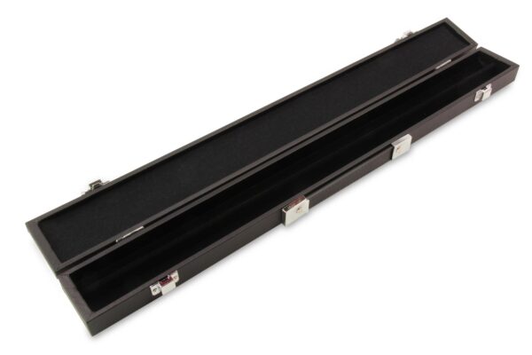 a black cue case with silver clasps