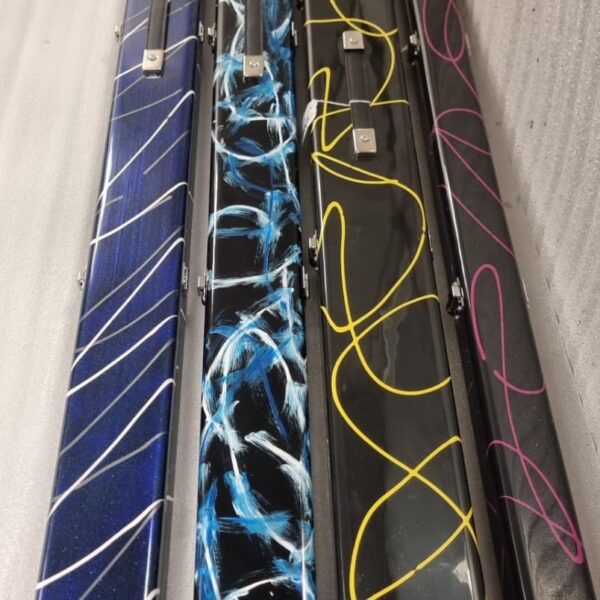Fibreglass One Piece Cue Case - Black Base, Light Blue, Royal Blue + White Messy Lines